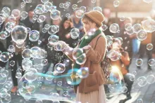 woman joyful with bubbles